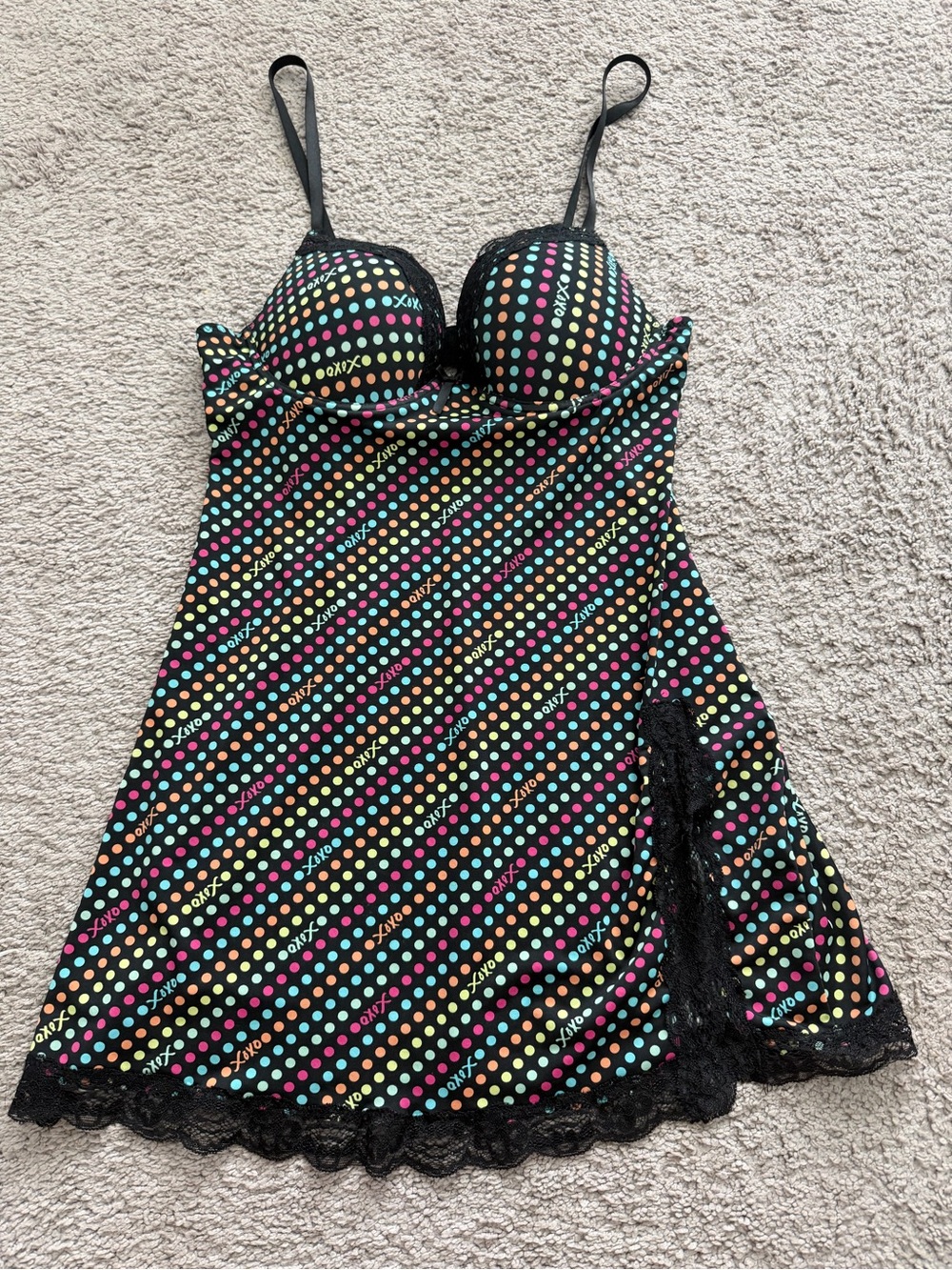 Striped Polka Dot Lace-Trim Slip Dress - Black with Multi Dots